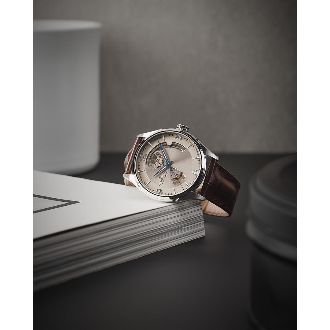 hamilton jazzmaster open heart – silber 42mm leder