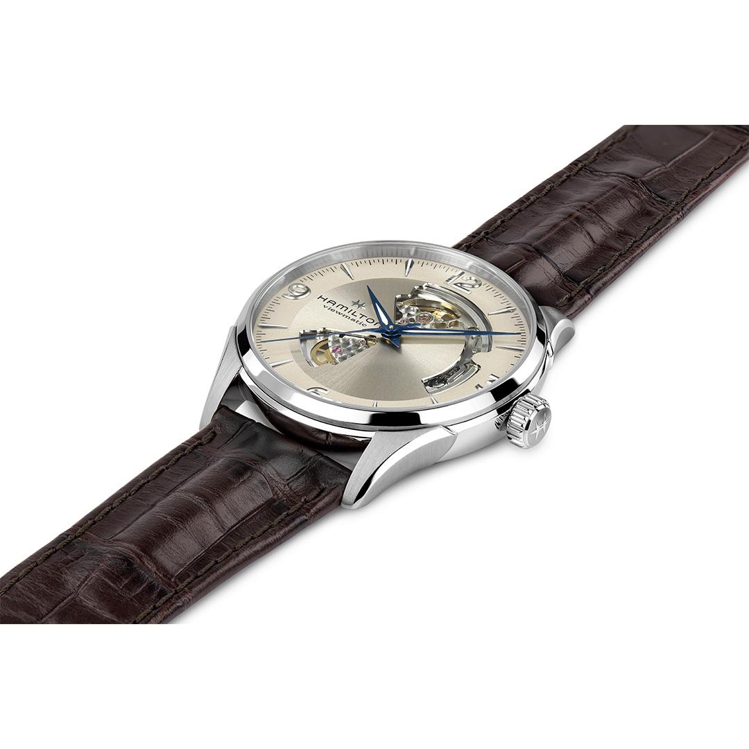 hamilton jazzmaster open heart – silber 42mm leder