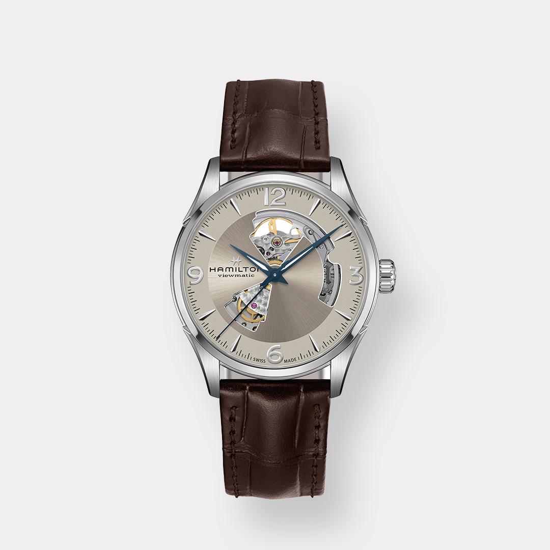 hamilton jazzmaster open heart – silber 42mm leder