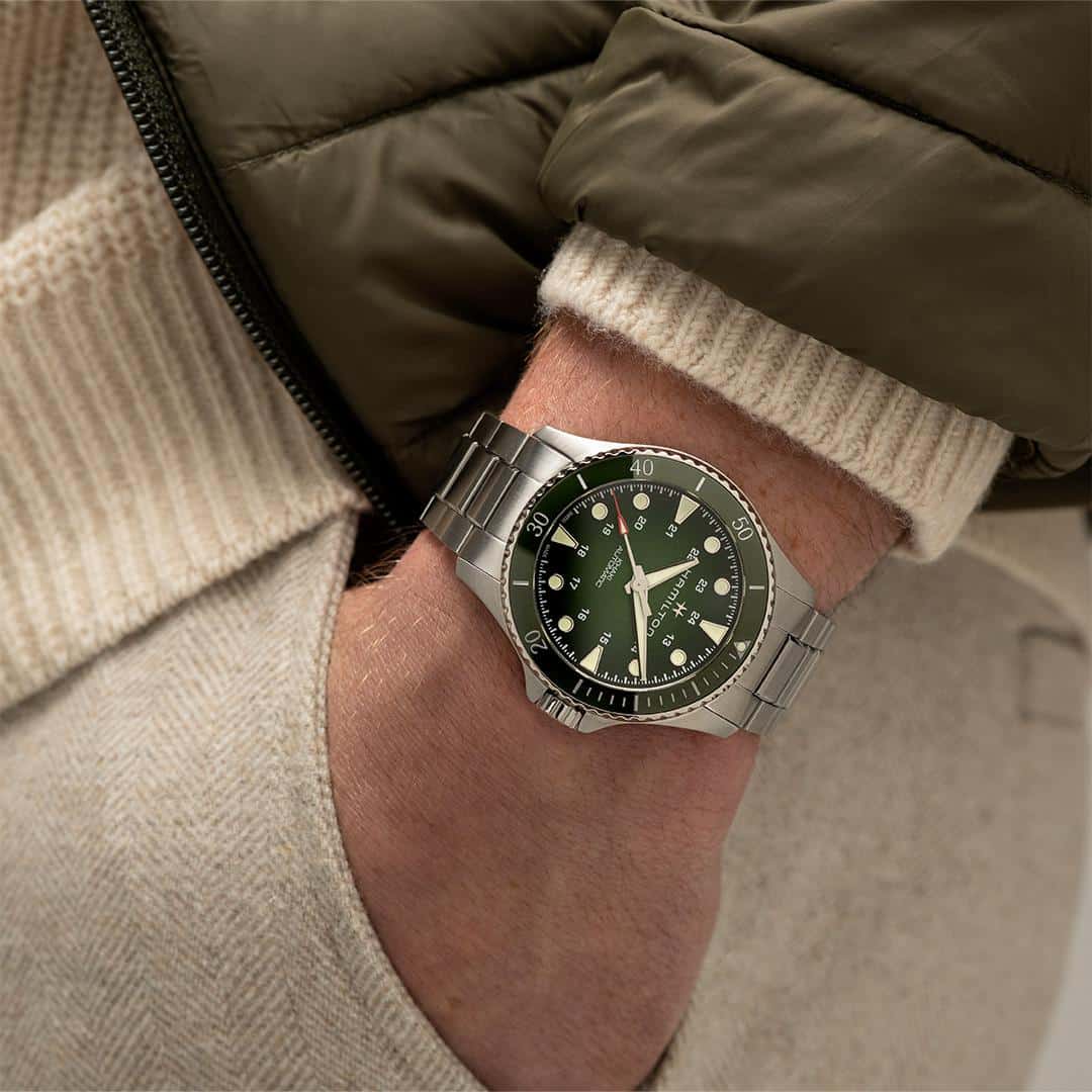 hamilton khaki navy scuba auto – grün 43mm edelstahl
