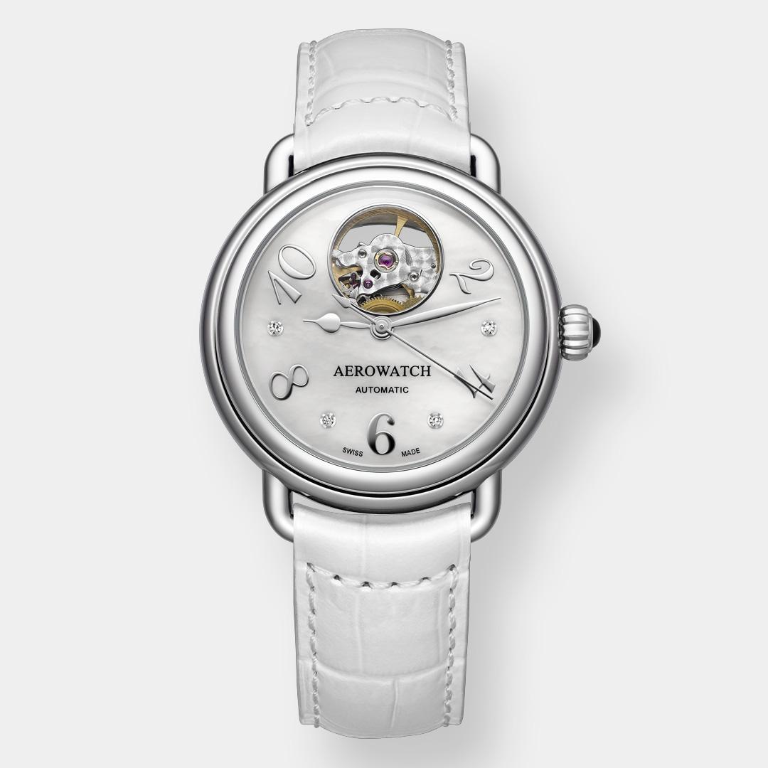 aerowatch 1942 lady elegance automatik open heart – perlmutt 35mm stahl
