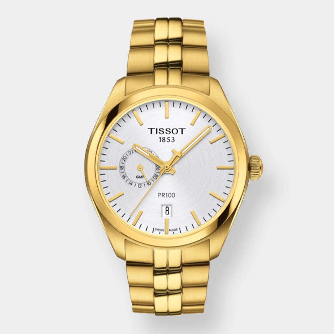 tissot pr 100 dual time quarz – gold 39mm edelstahl