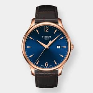 tissot tradition quarz – blau 42 mm rosé pvd leder