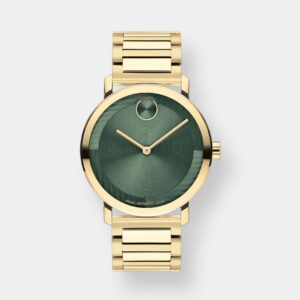 movado bold evolution 2.0 – goldene designeruhr mit grünem zifferblatt