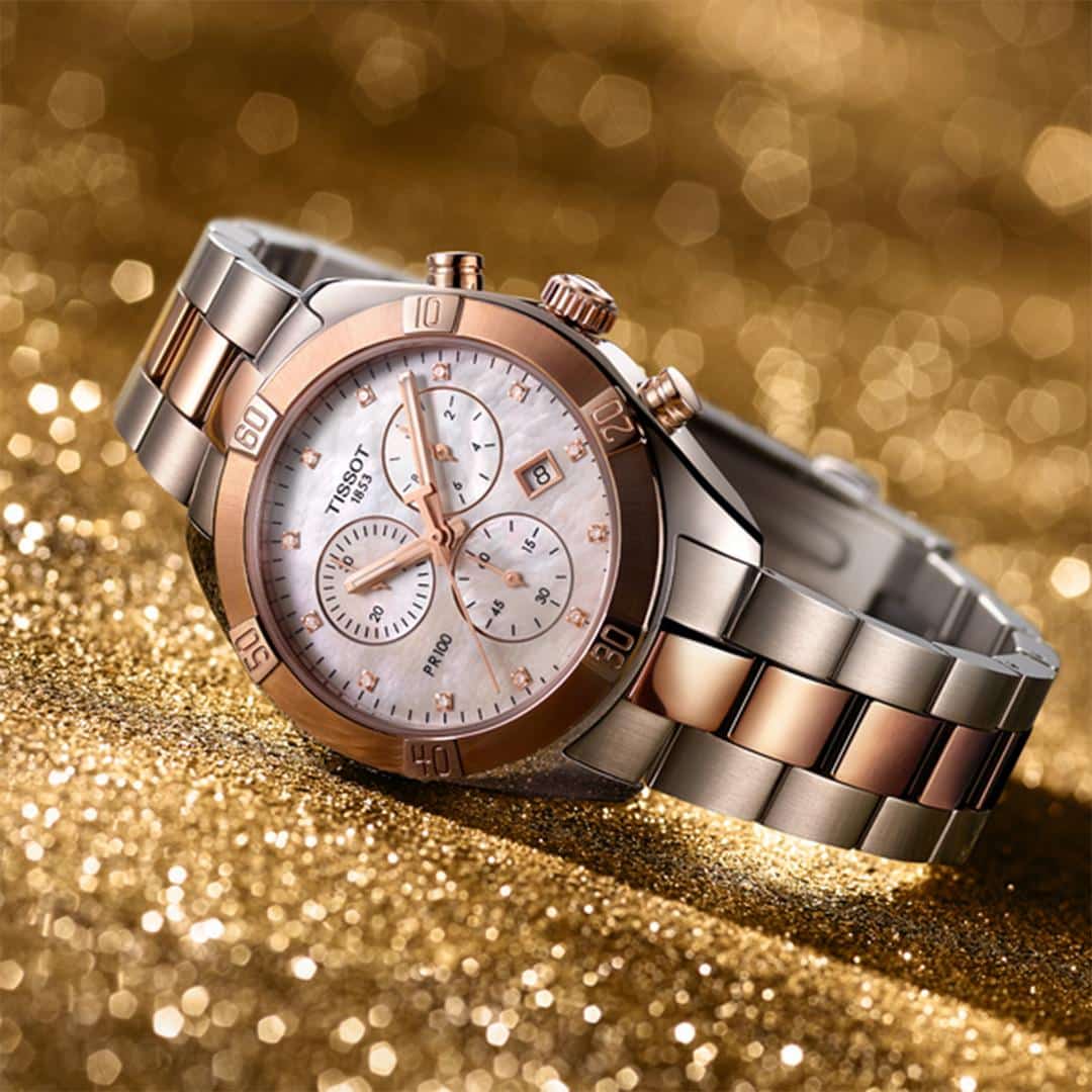tissot pr 100 chronograph – perlmutt 38mm bicolor edelstahl