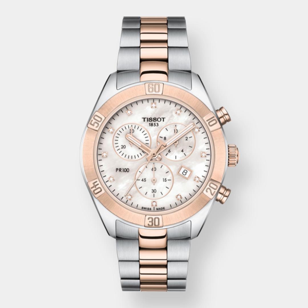 tissot pr 100 chronograph – perlmutt 38mm bicolor edelstahl
