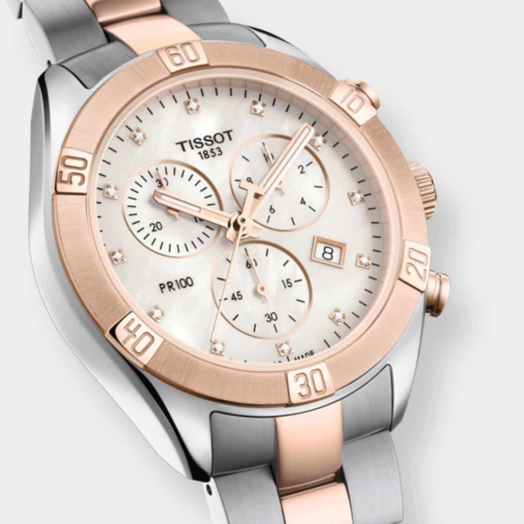 tissot pr 100 chronograph – perlmutt 38mm bicolor edelstahl