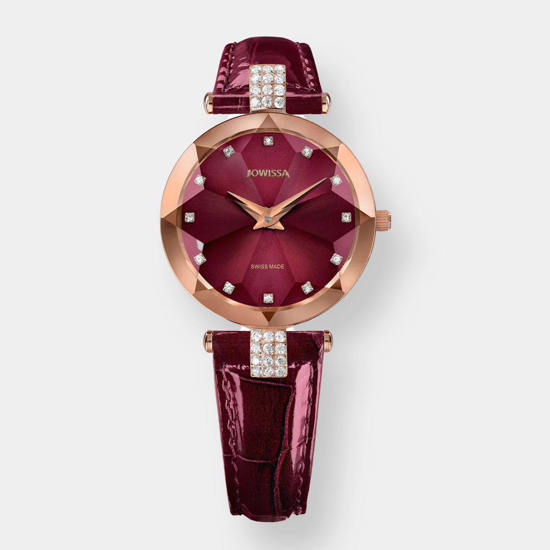 Jowissa . Facet Strass Quarz – Rosé 30mm Bordeaux Leder