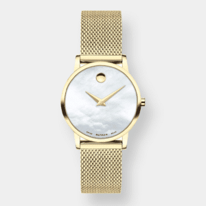 movado museum classic quarz – perlmutt 28mm gold pvd