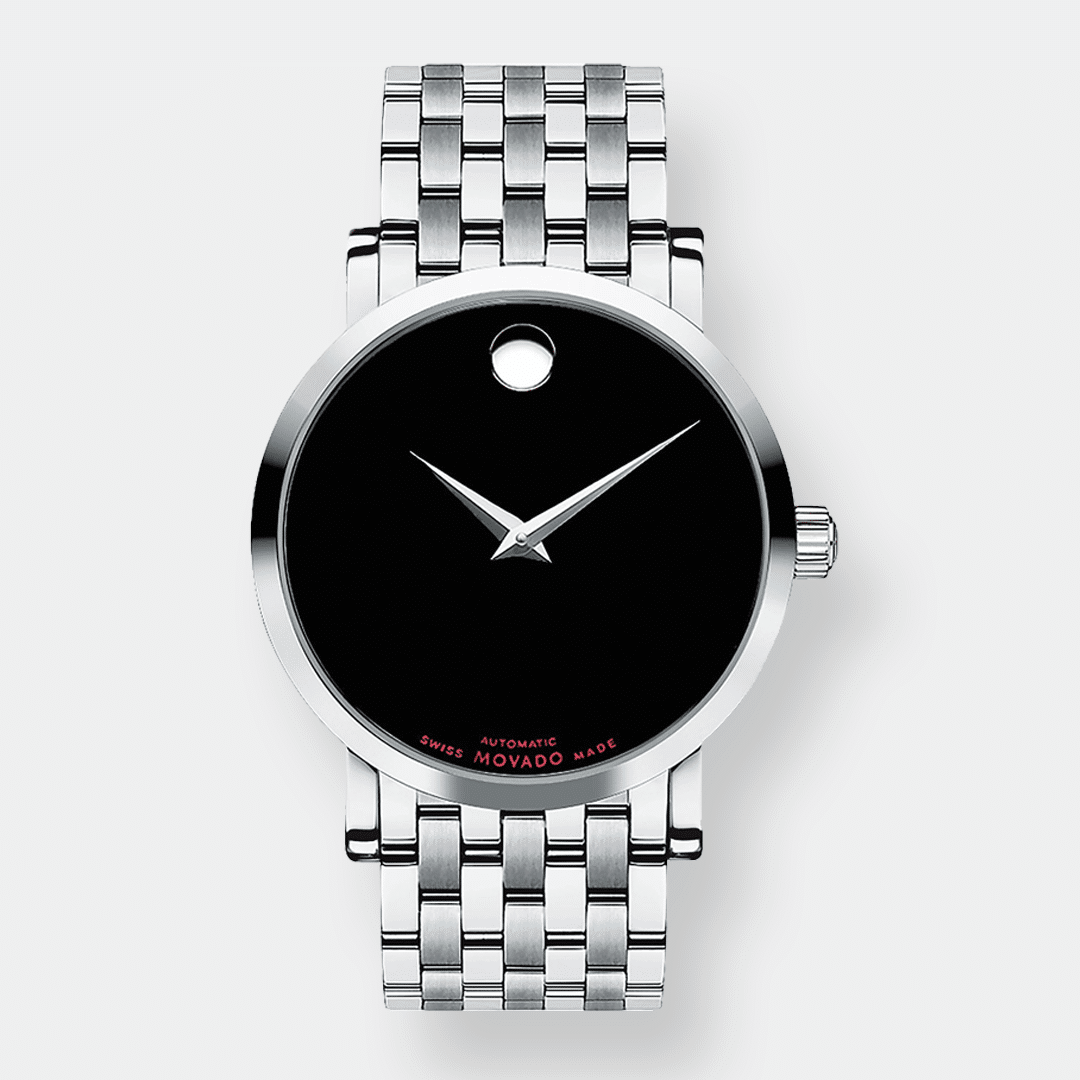 movado red label automatik – schwarz 42mm edelstahlband