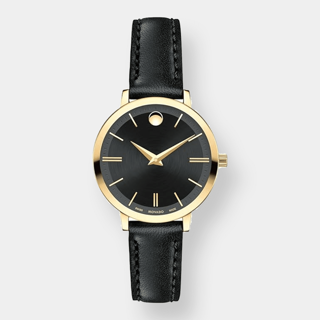 movado ultra slim quarz – schwarz 28mm gold pvd