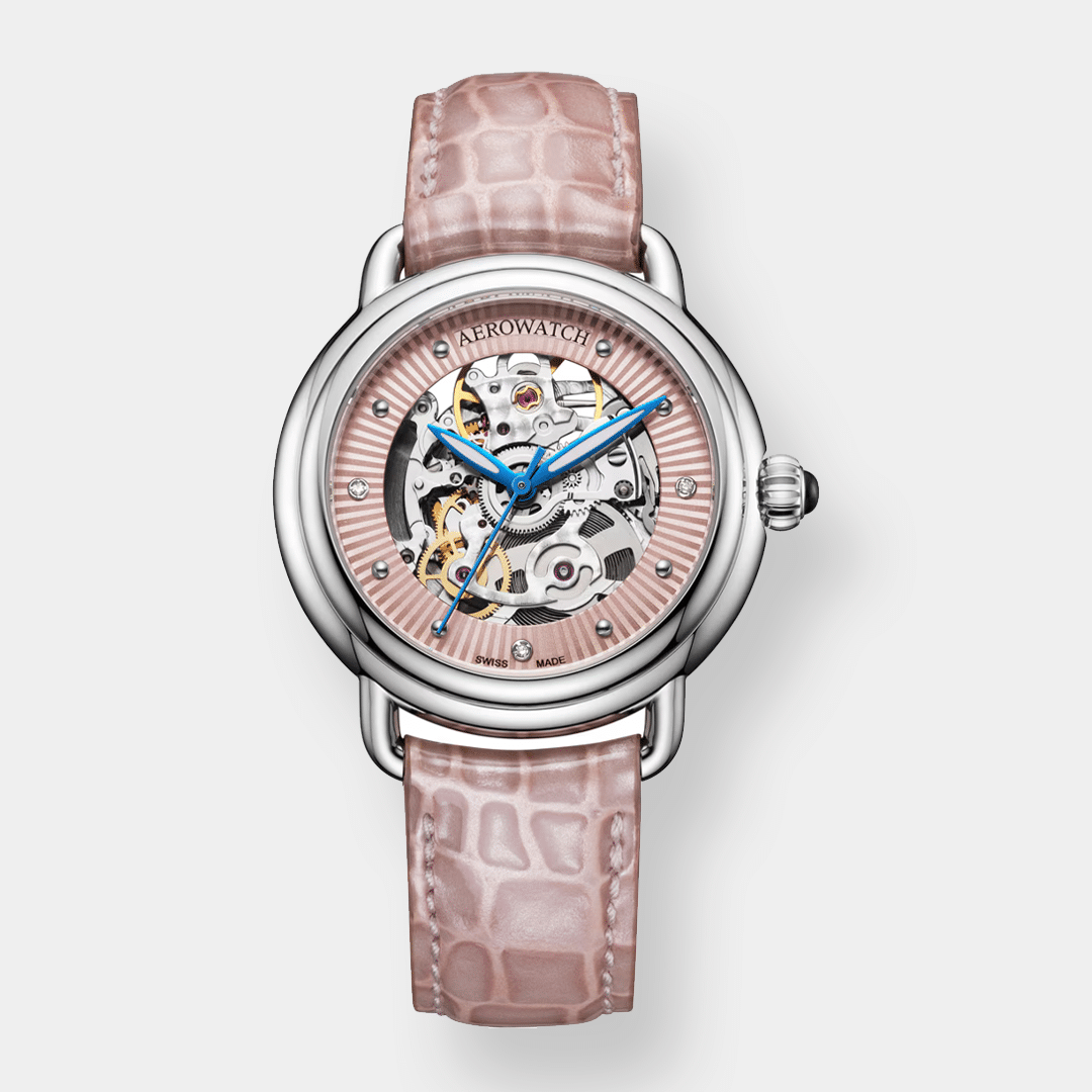 Aerowatch . 1942 Lady Skeleton Automatic - Leder 35mm Rosa