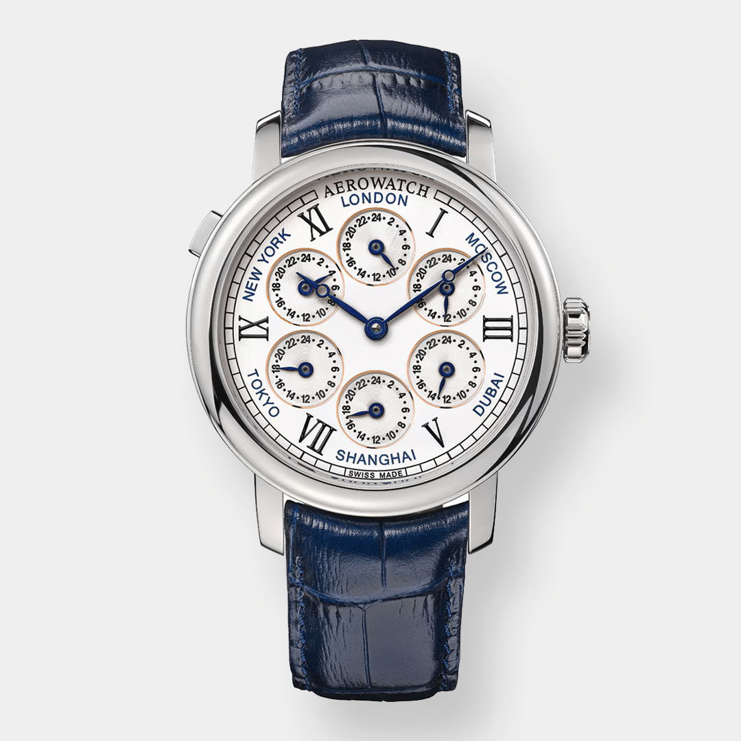aerowatch . renaissance 7 time zones – blau 44mm edelstahl