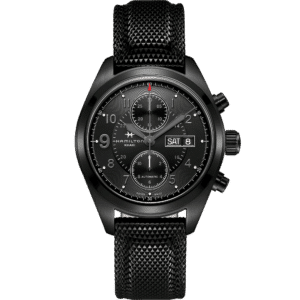 Hamilton Khaki Field Auto Chrono Full Black 42 mm – Herren-Automatikuhr / Textil-Lederarmband