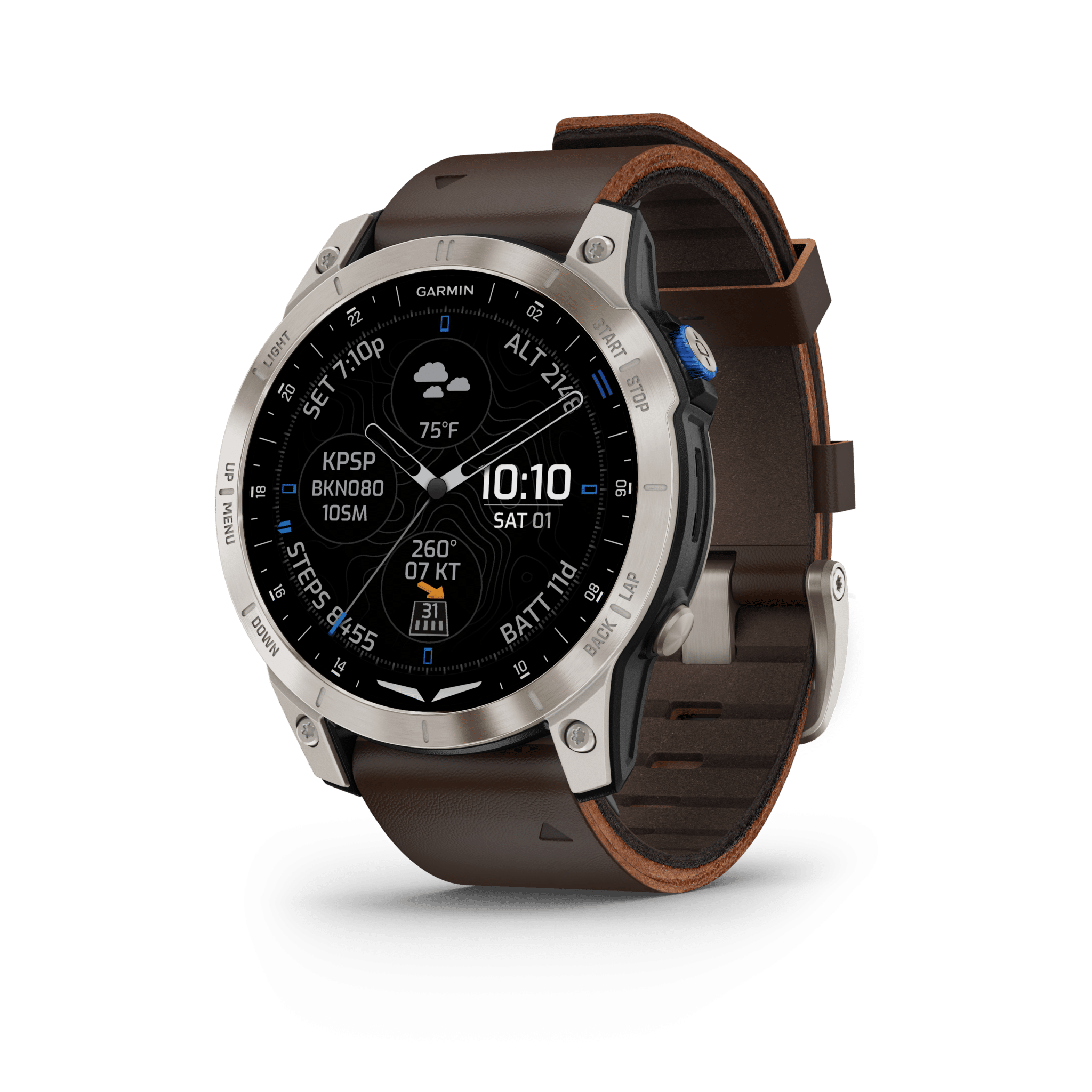 Garmin D2 Mach 1 AMOLED 47 mm Schwarz / Braun Lederarmband – Aviator Smartwatch / Lederarmband