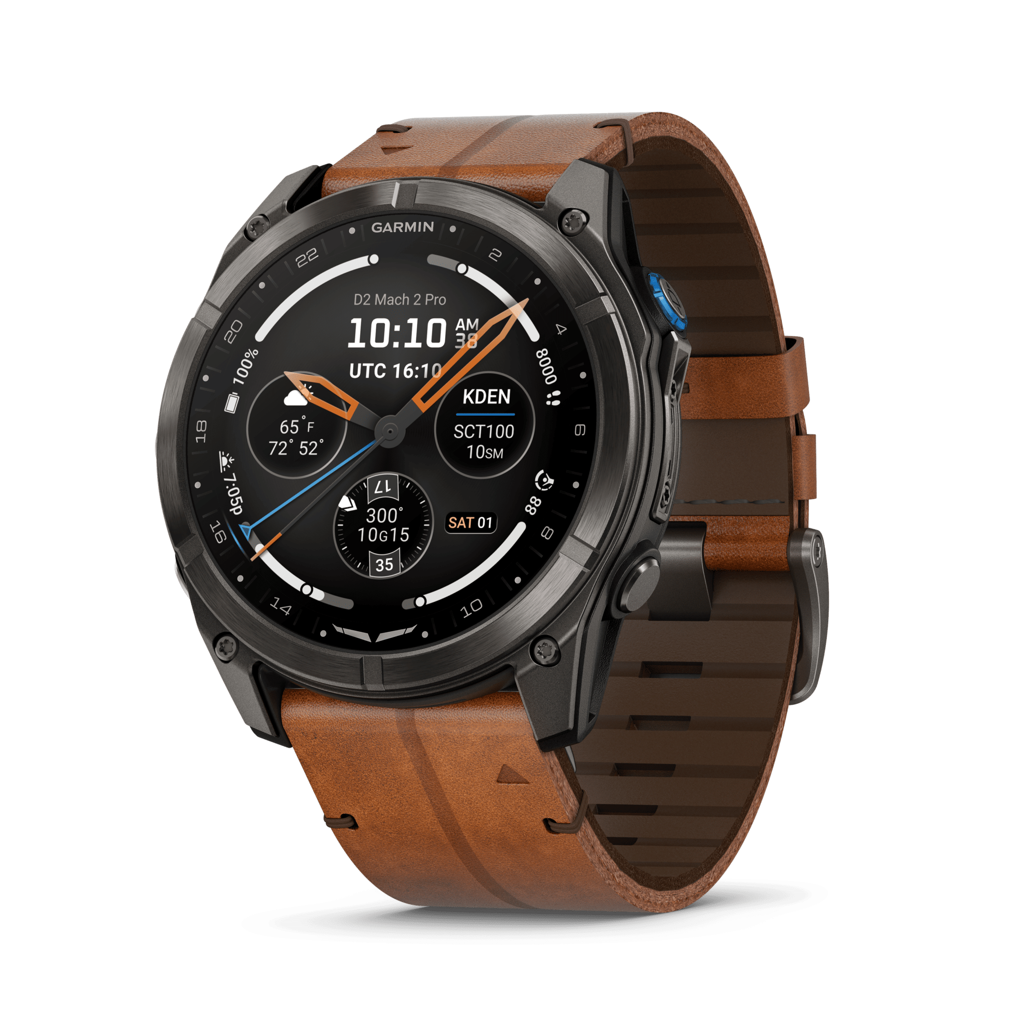 Garmin D2 Mach 2 Pro AMOLED 51 mm Schwarz / Braun Lederarmband – Aviator Smartwatch / Lederarmband