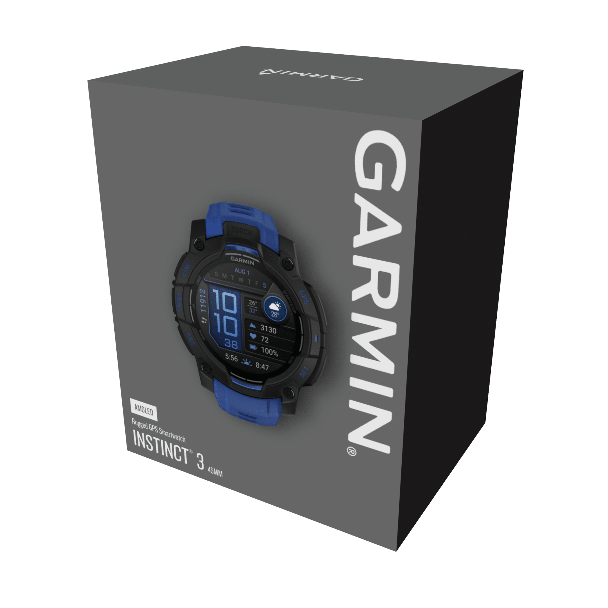 garmin instinct 3 amoled 45 mm schwarz/bolt blue – limited edition / multisport & outdoor / silikonarmband