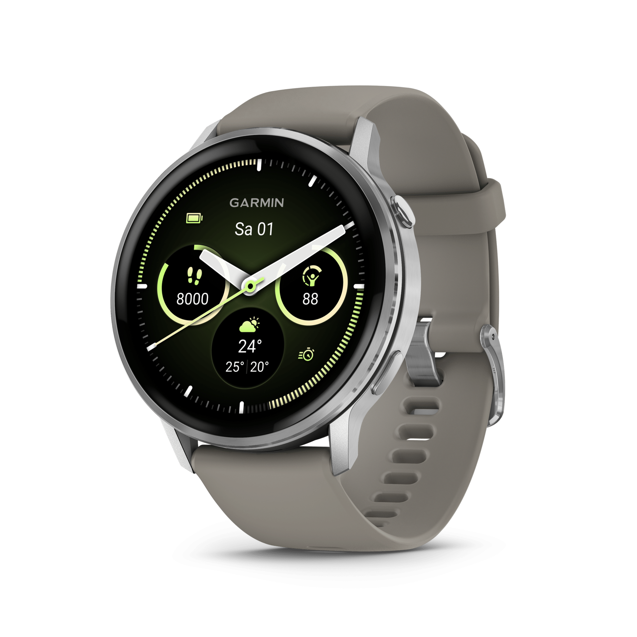 garmin venu 4 amoled 45 mm schwarz / silber – gps fitness smartwatch / silikonarmband