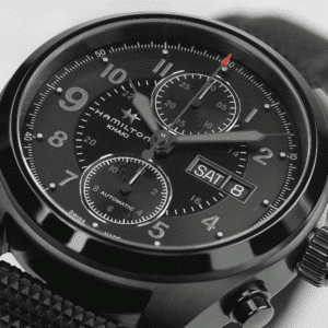 hamilton khaki field auto chrono full black 42 mm – herren automatikuhr / textil lederarmband