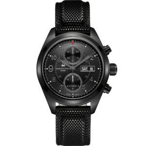 hamilton khaki field auto chrono full black 42 mm – herren automatikuhr / textil lederarmband