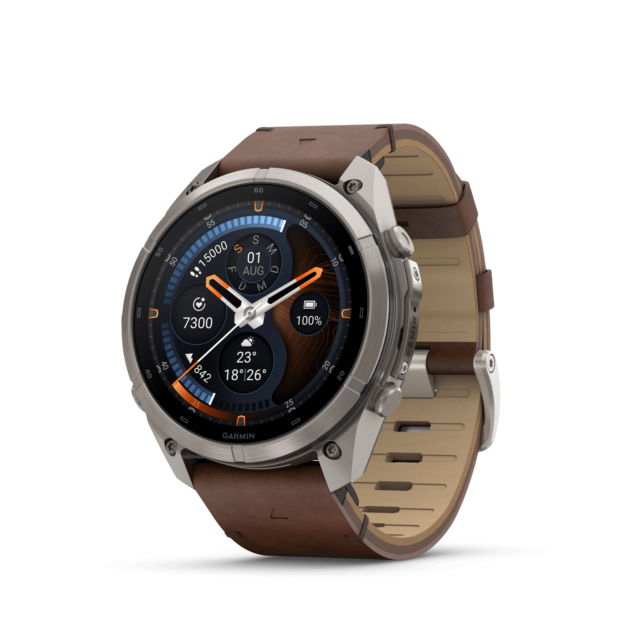 Garmin fenix 9 Pro inReach AMOLED Walnuss Titan 51mm – Hybrid-GPS-Outdoor-Smartwatch / Lederarmband