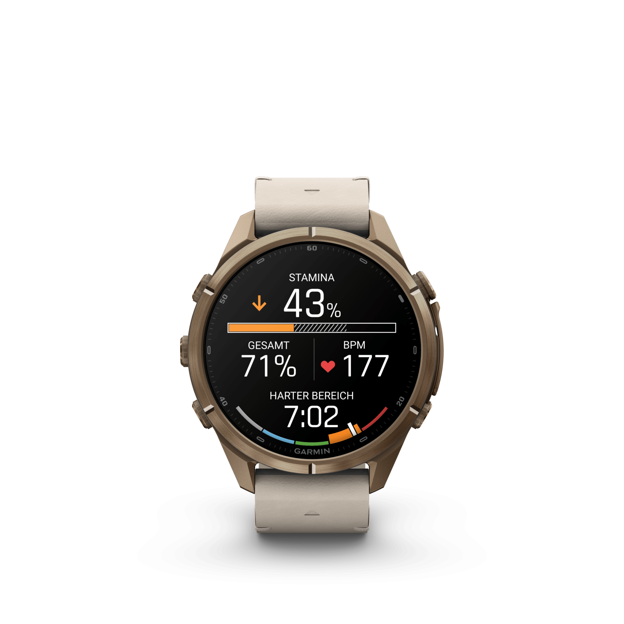 Garmin fenix 9 Pro inReach AMOLED Autumn Gold Bone Titan 43mm – Hybrid-GPS-Outdoor-Smartwatch / Lederarmband – Bild 3
